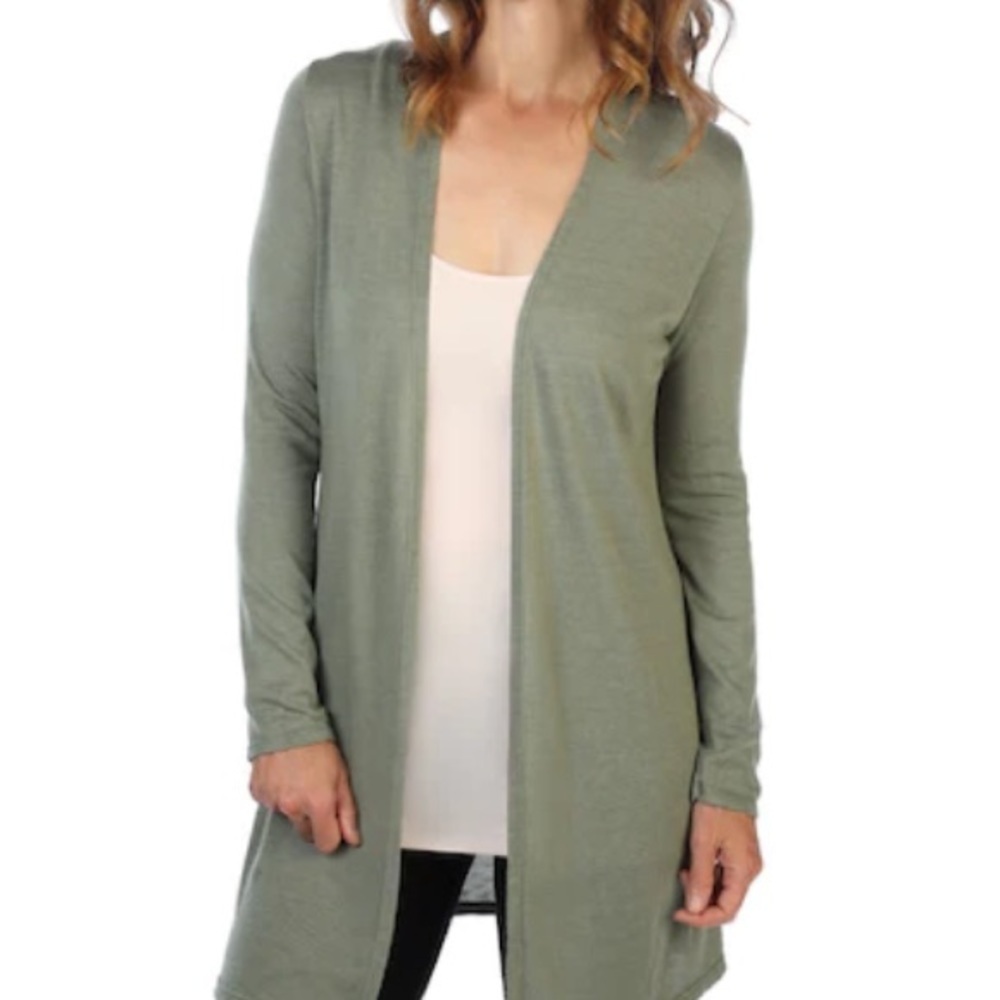 Divided Olive Green Color Open Front Cardigan